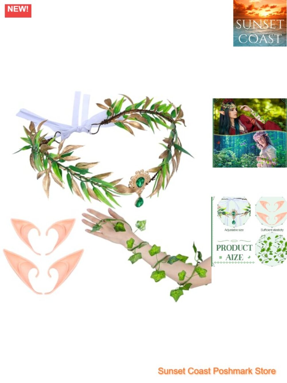 Fairy Cosplay Set 4 Pc Elf Ears Crown Ivy Arm Wraps Costume Accessories